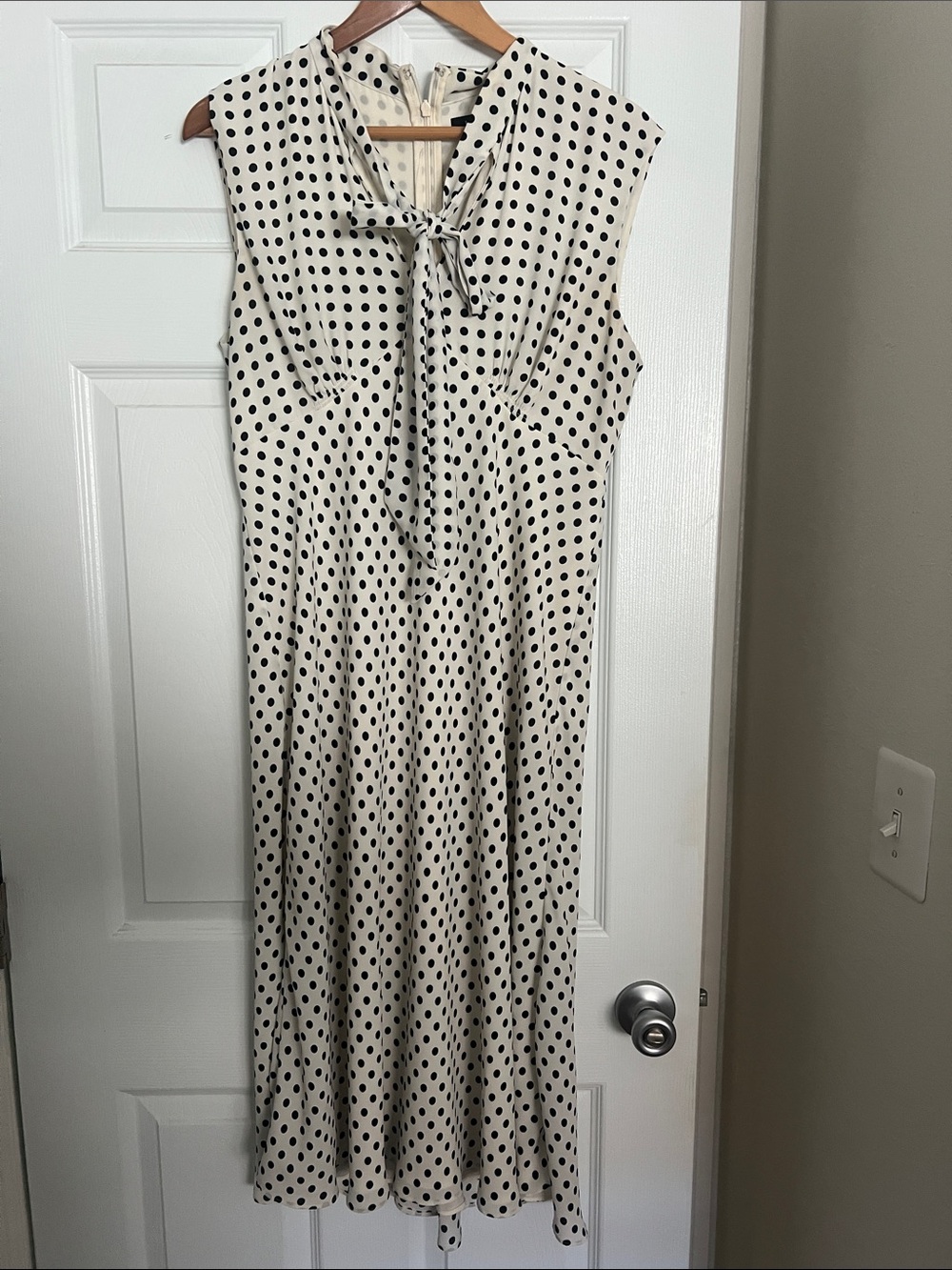 Lauren Ralph Lauren Cream Midi Dress with Black Polka Dots and Tie Neck